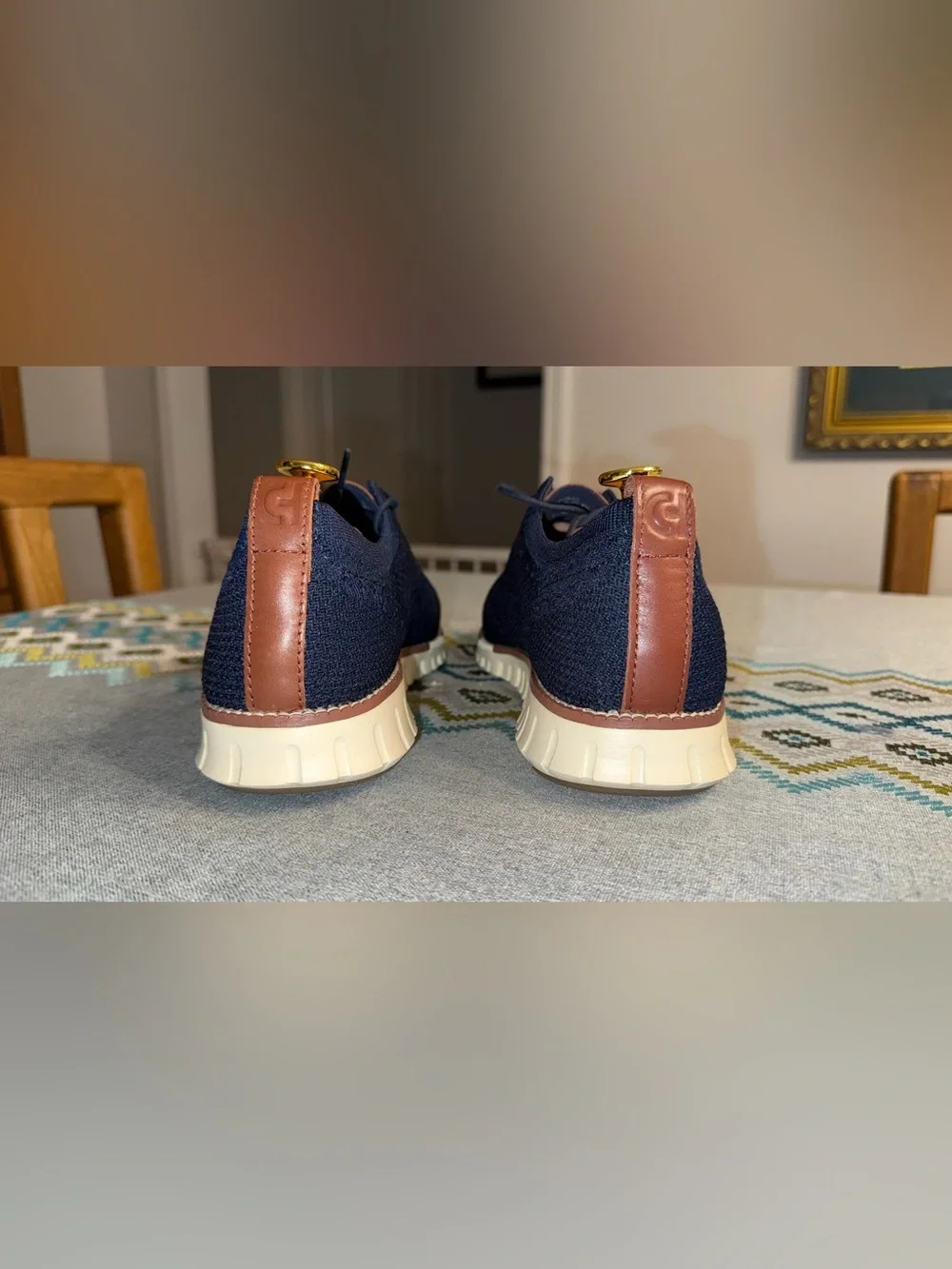 Cole Haan ZEROGRAND Men’s Navy Knit Oxford Shoes 9.5 Brown Leather Trim